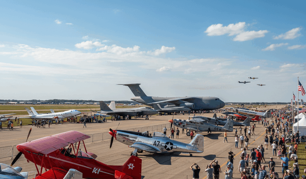 Aviation airshow with planes on display at EAA AirVenture