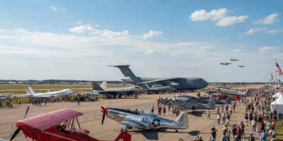 Aviation airshow with planes on display at EAA AirVenture