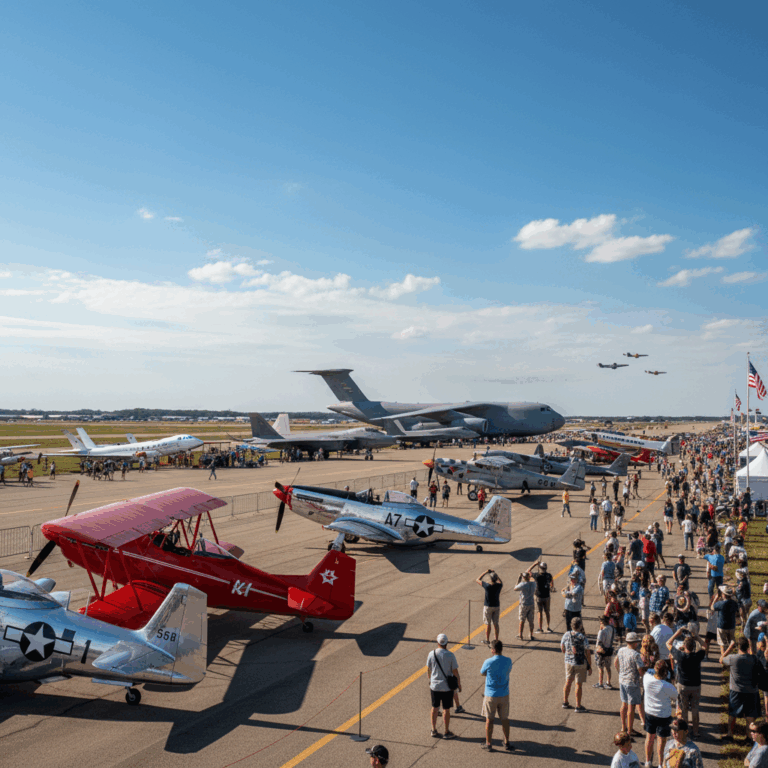 Aviation airshow with planes on display at EAA AirVenture