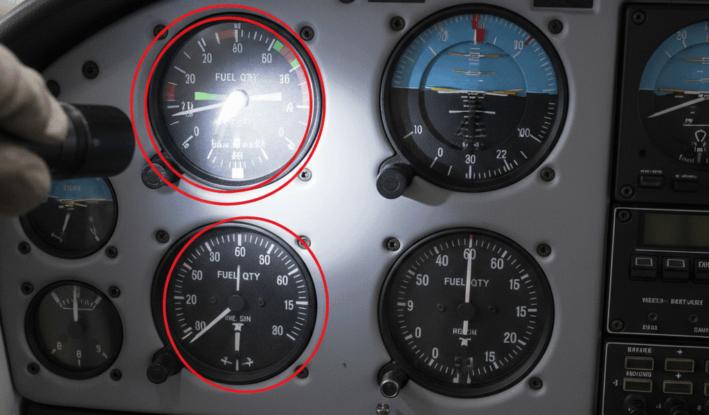 Cessna 172 cockpit instrument panel with fuel gauges