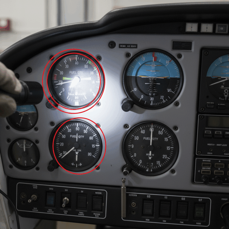 Cessna 172 cockpit instrument panel with fuel gauges