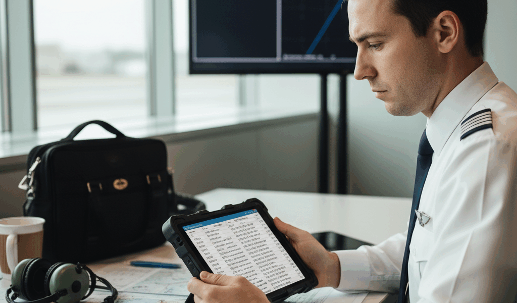 Pilot checking NOTAMs notices on tablet during preflight