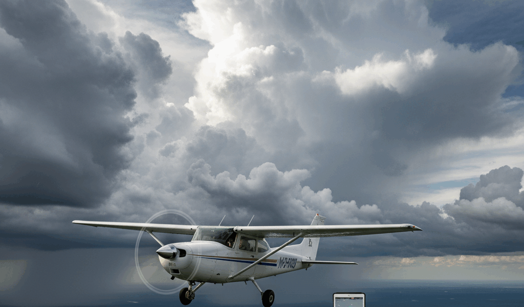 Small aircraft flying through spring weather with clouds