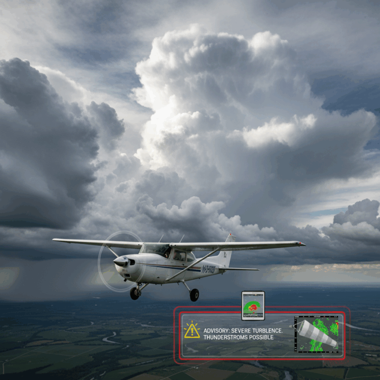 Small aircraft flying through spring weather with clouds