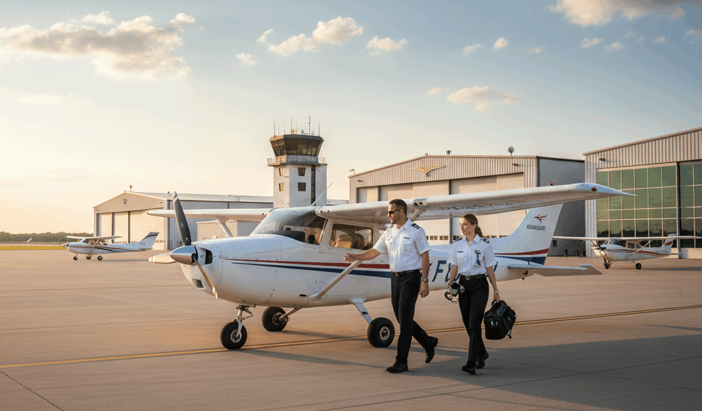 Flight school training aircraft with instructor and student pilot