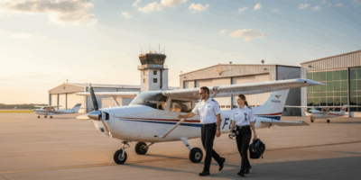 Flight school training aircraft with instructor and student pilot