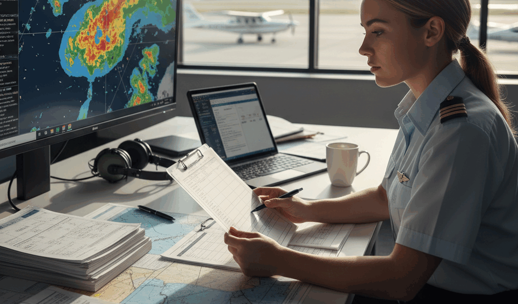 Student pilot reviewing weather briefing checklist before flight