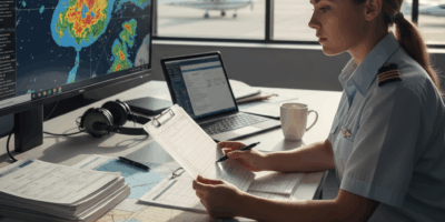 Student pilot reviewing weather briefing checklist before flight