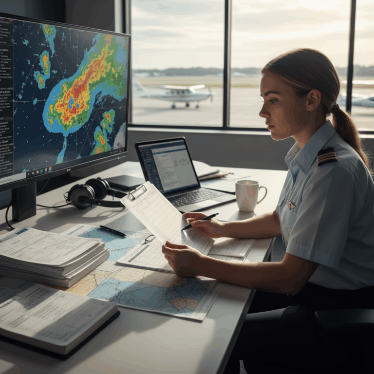 Student pilot reviewing weather briefing checklist before flight