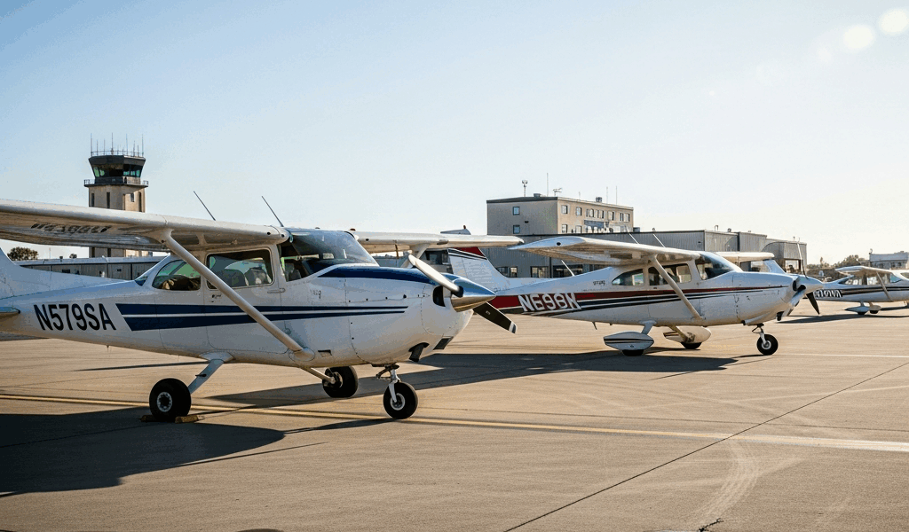 cessna 172 skyhawk and piper warrior parked side by side on 20260331 100142
